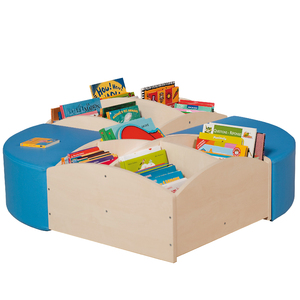OS- ILOT LECTURE BOULEAU (2 POUFS BLEU QUART DE CERCLE + 2 BACS À LIVRES 4 CASES BAS)