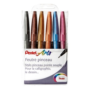 ETUI 6 FEUTRES PINCEAUX POINTE SOUPLE : GRIS, MARRON, OCRE, ORANGE, BLEU CLAIR ET ROSE